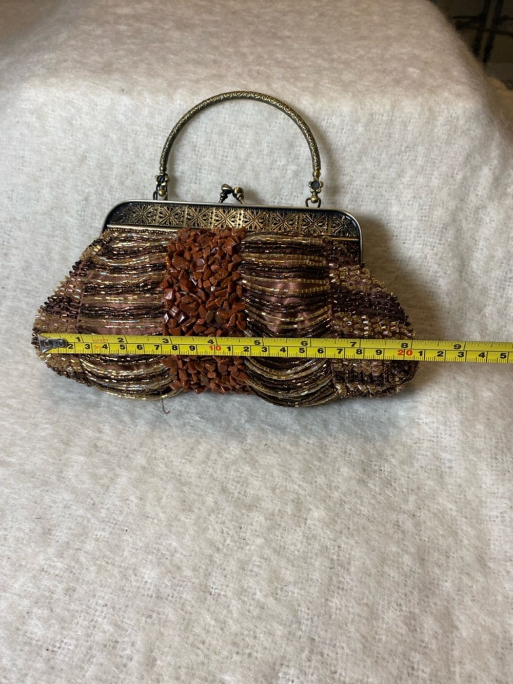 Beaded Brown Evening Clutch with Stone Center and Ornate Frame - Picture 8 of 8